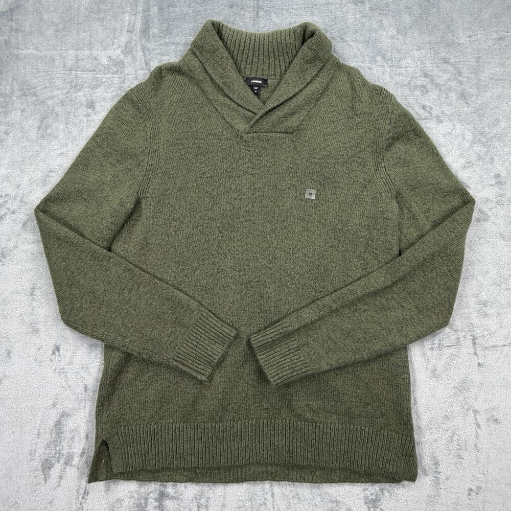 Express Mens Medium Shawl Collar Sweater Olive Green Knit Pullover NWT